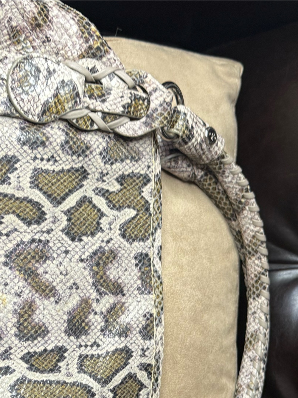 COLE HAAN Genuine Leather Python Print Embossed Beige/Gray Hobo Shoulderbag - Picture 10 of 17